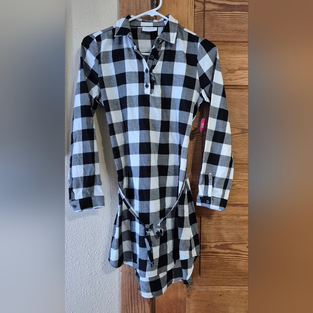 NWT Children's Place Girls Sz14 Plaid Belted Shirt Dress White Black Mommy & Me